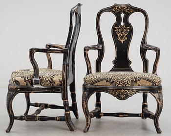 A pair of Swedish Rococo 18th century armchairs.