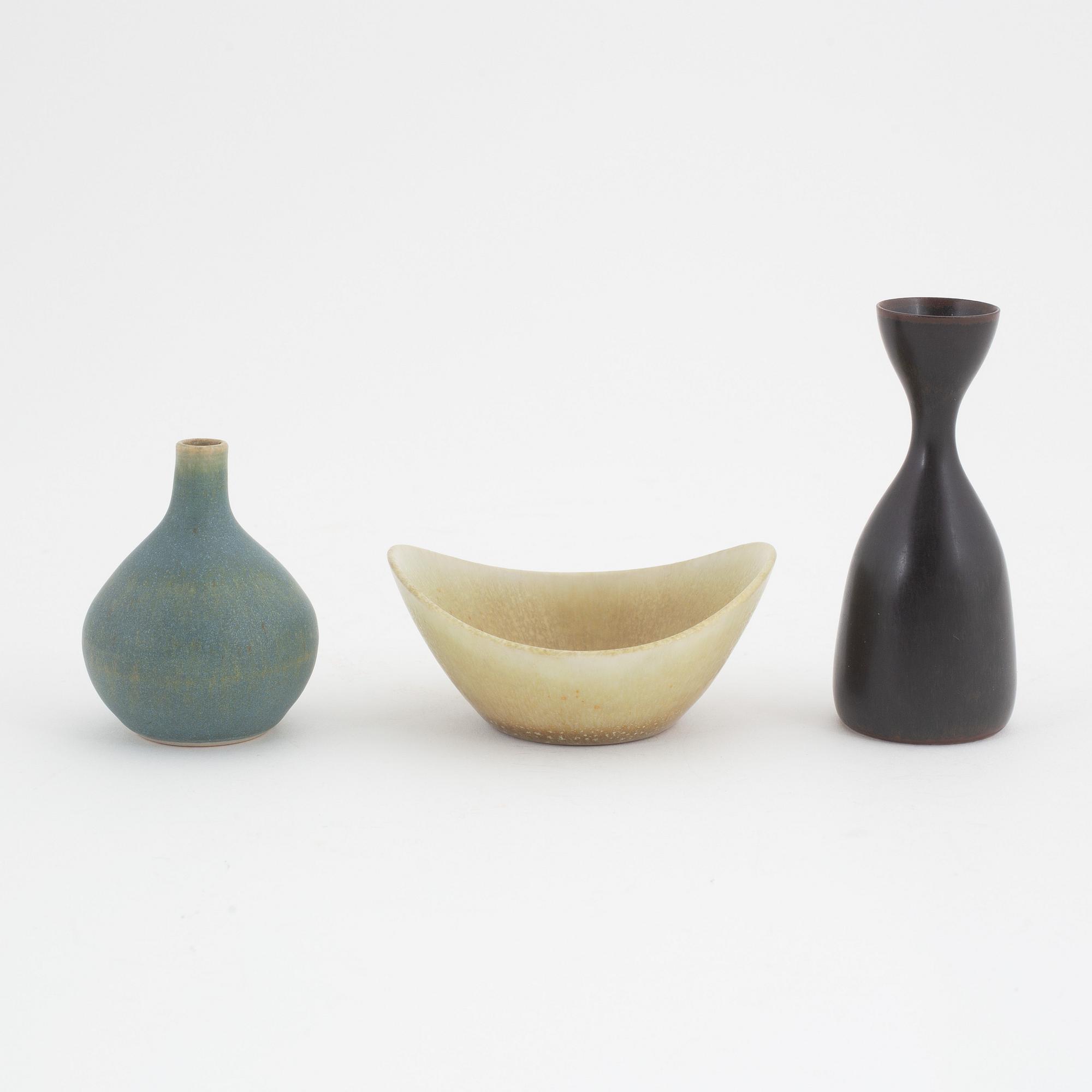 Carl-Harry Stålhane, three stoneware vases and a bowl, Gunnar Nylund a vase, and a vase Humlrbaek, Denmark.