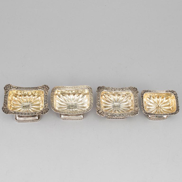 Four Russian 19th century parcel-gilt silver salt cellars, St. Petersburg and Moscow.
