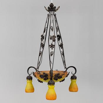 A Muller Croismare glass and metal ceiling lamp, Nancy, first half of 20th Century.