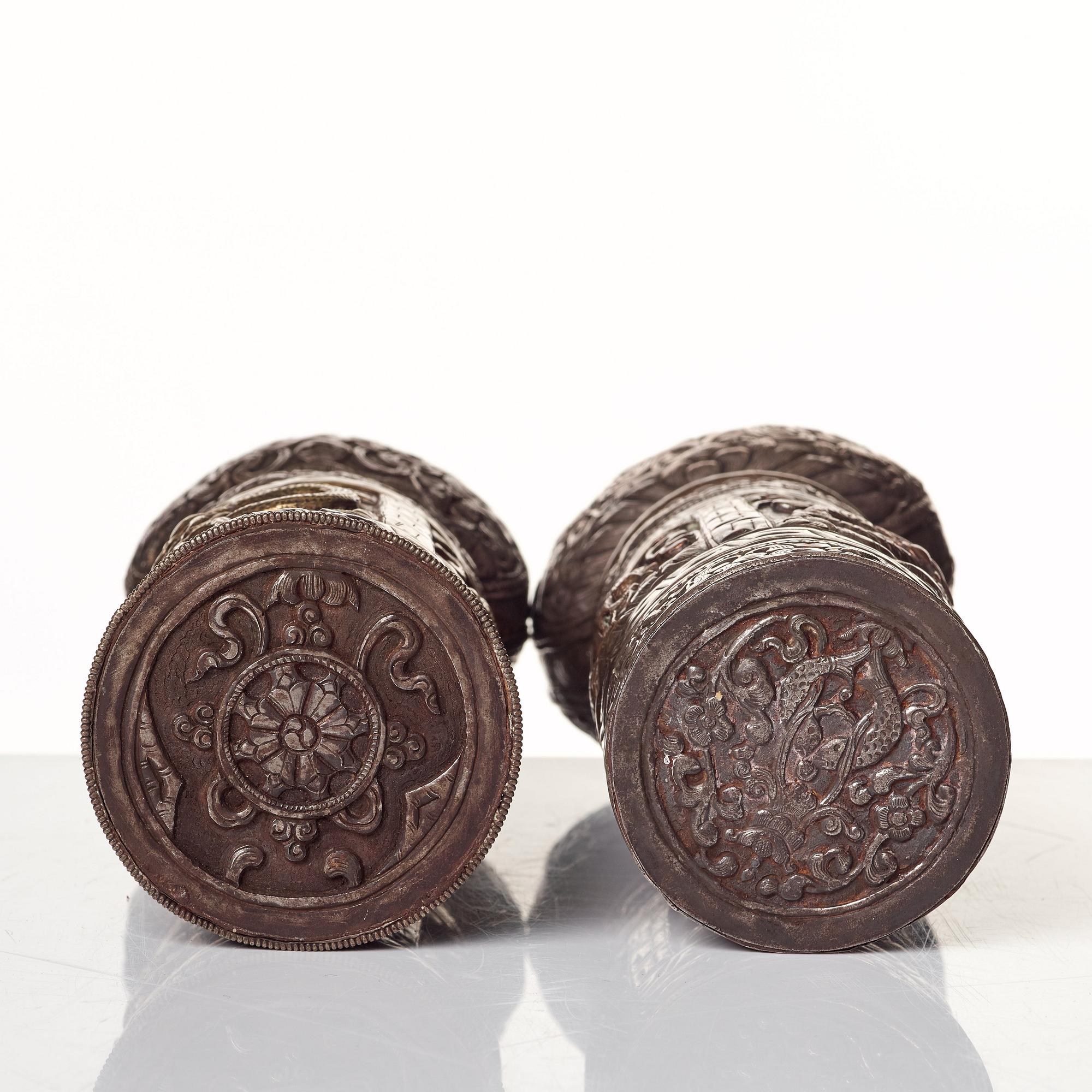 Two Tibethan/Nepalese silvered brass temple stamps, presumably late 19th Century.