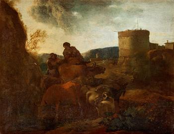 Nicolaes Berchem Tillskriven, Pastoralt landskap med figurer och boskap.