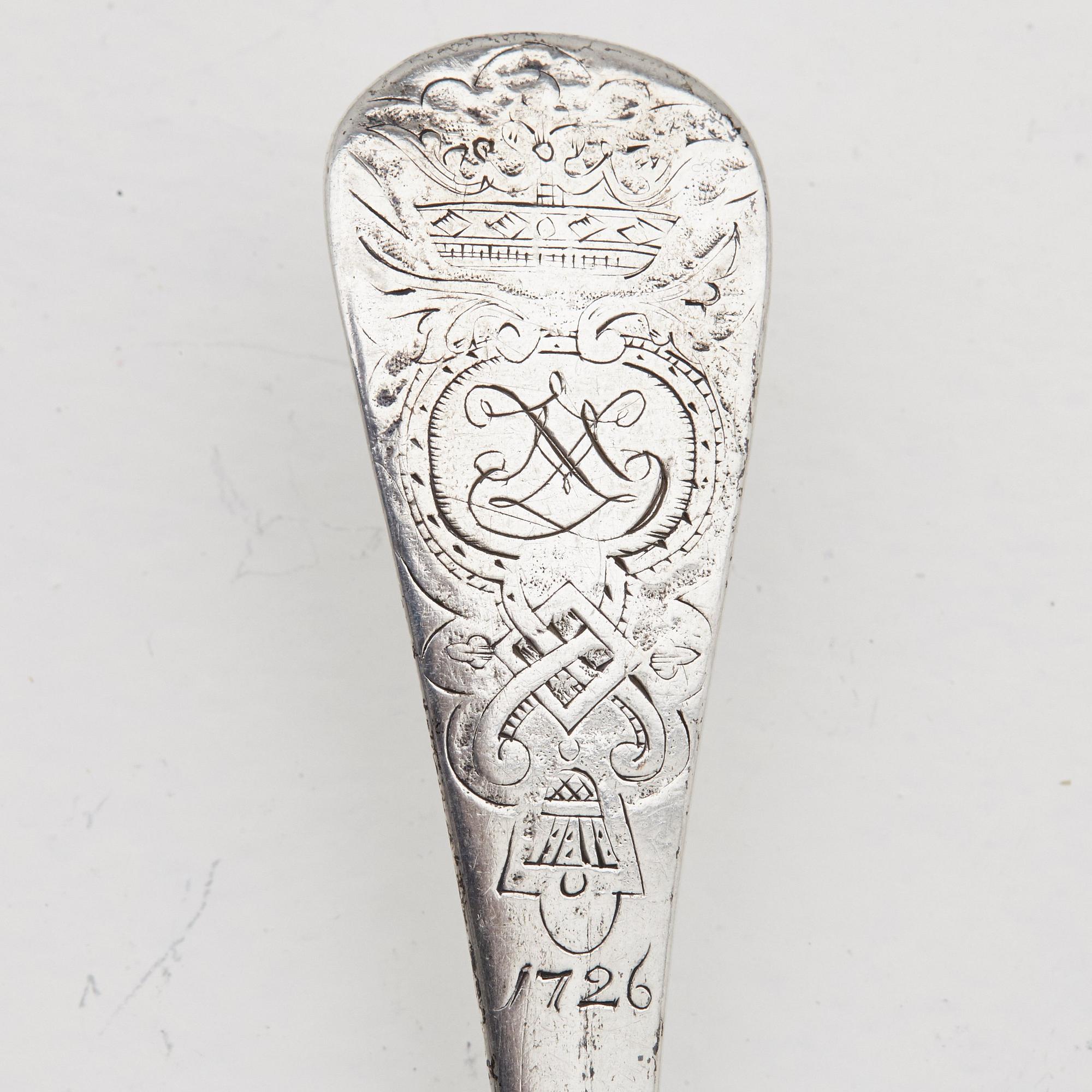 JOHAN MÖLLERSTRÖM, skedar, 6 st, silver, Stockholm 1727, med daterad gravyr 1726.