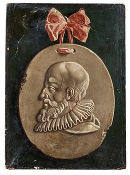 Jean Valette-Falgores Penot, Trompe l'oeil med antikiserande mansporträtt på medaljong krönt av rosett.