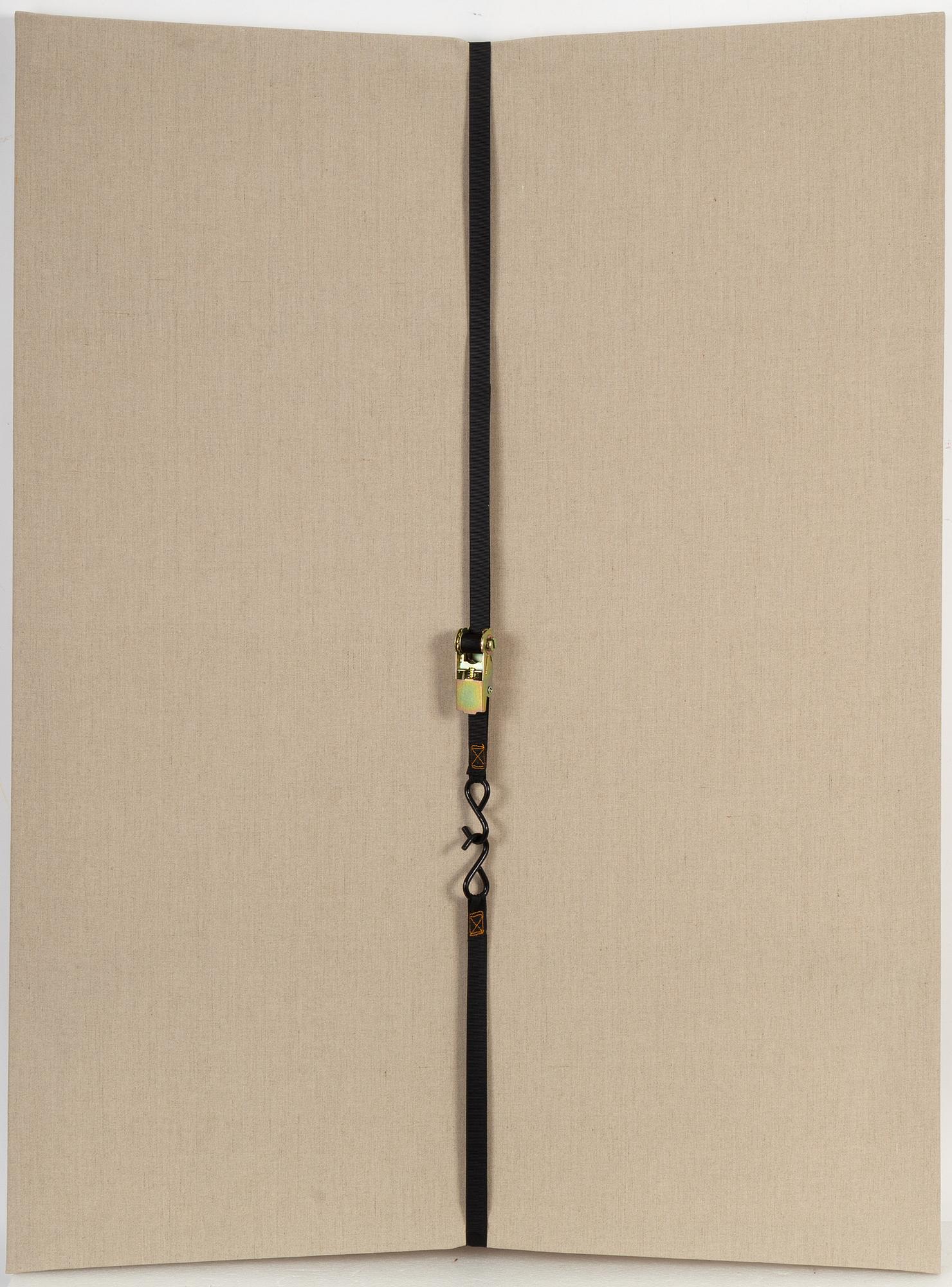 Morgan-Richard Murphey, assemblage, ratchet clamp and raw linen on aluminium stretcher bars.
