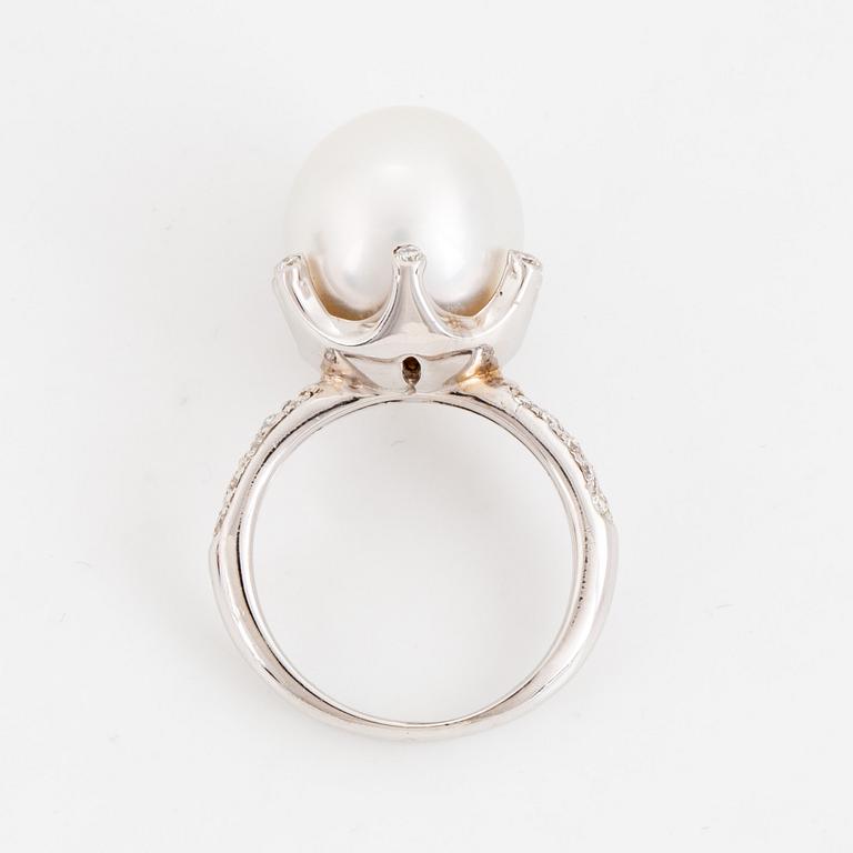 Cultured pearl and brilliant-cut diamond ring.