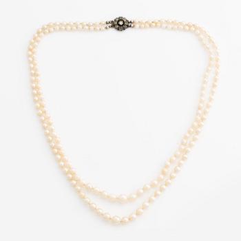 Pearl necklace, double-stranded with a silver clasp.