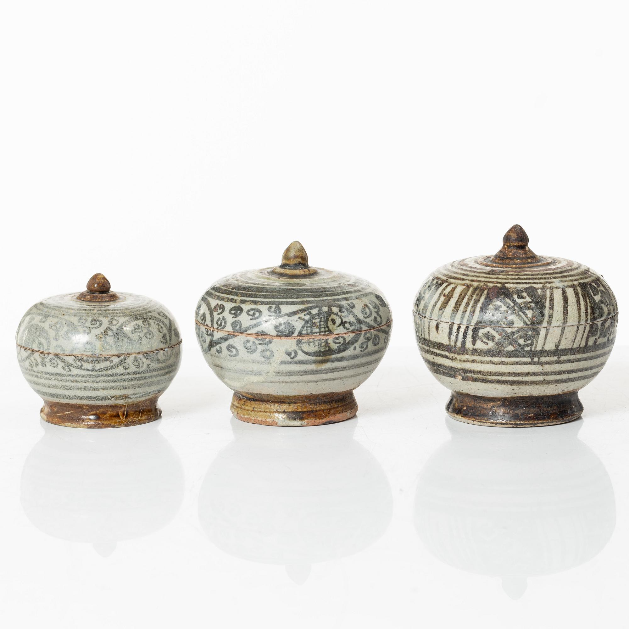 Six ceramic jars with covers, South East Asian, 17th and 19th century.