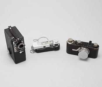 Three cameras, partly Leica I camera, model A, Elmar, 1930s.