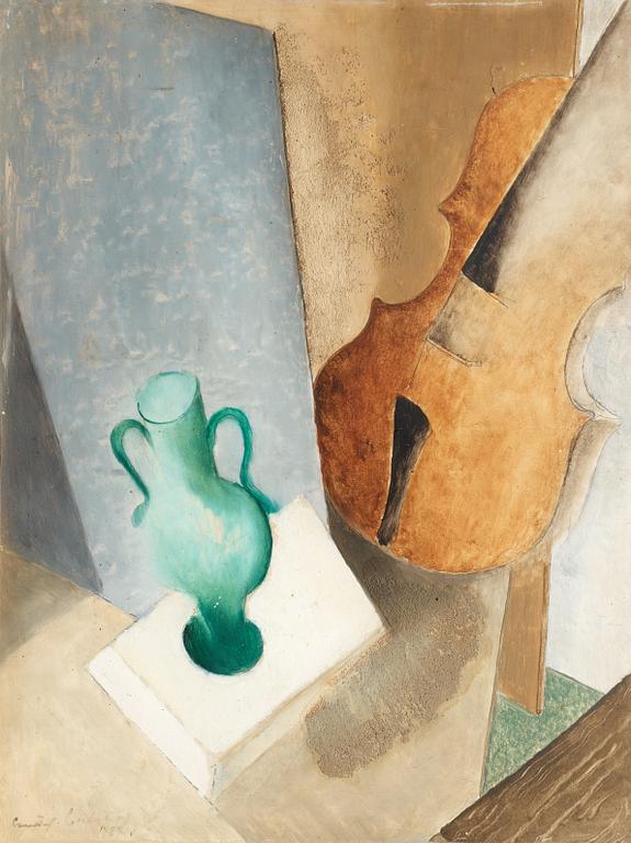 Gustaf Carlström, Still life with green vase and violin.