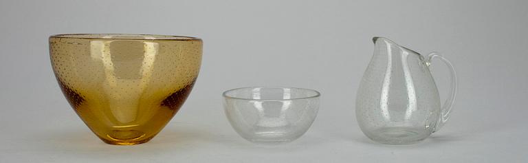 SKÅL, glas, sign. Gunnel Nyman, SOCKERSKÅL samt GRÄDDSNÄCKA, Finland 1900-talets mitt.