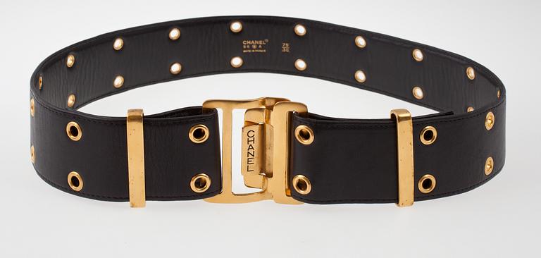 A black leather Chanel belt, autumn 1996.