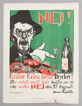 Albert Engström · ALBERT ENGSTRÖM, affisch, "Kräftor kräva dessa Drycker", tryckt hos Lindgren & Söner, Göteborg.