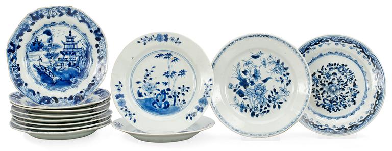 A set of 12 odd blue and white dessert dishes, Qing dynasty, Qianlong (1736-95).