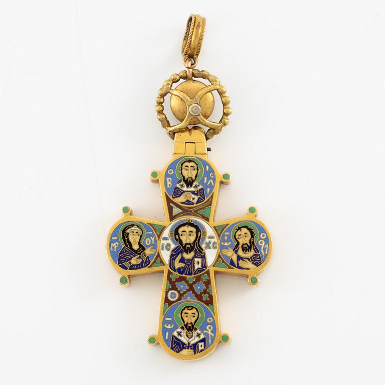 Cross 18K gold with enamel and white stone with relic compartment.
