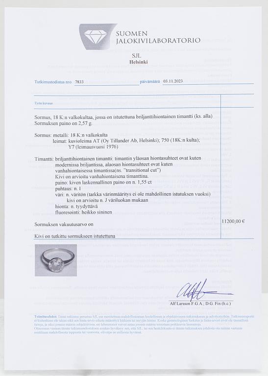 An 18K white gold ring with a brilliant-cut diamond approx. 1.55 ct, Tillander, Helsinki 1976. With SJL certificate.