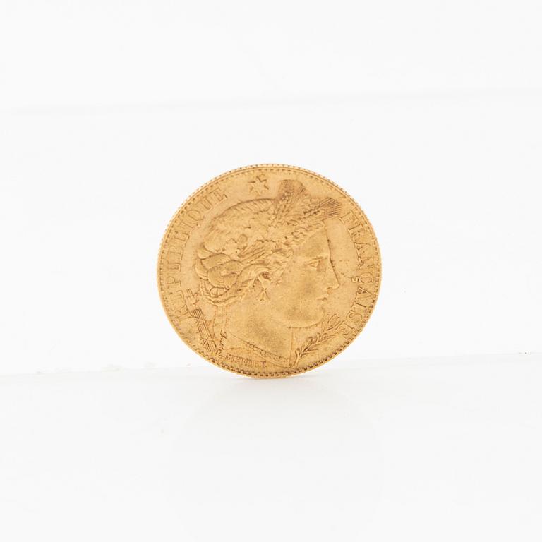 Gold coin 10 francs 1899 France.