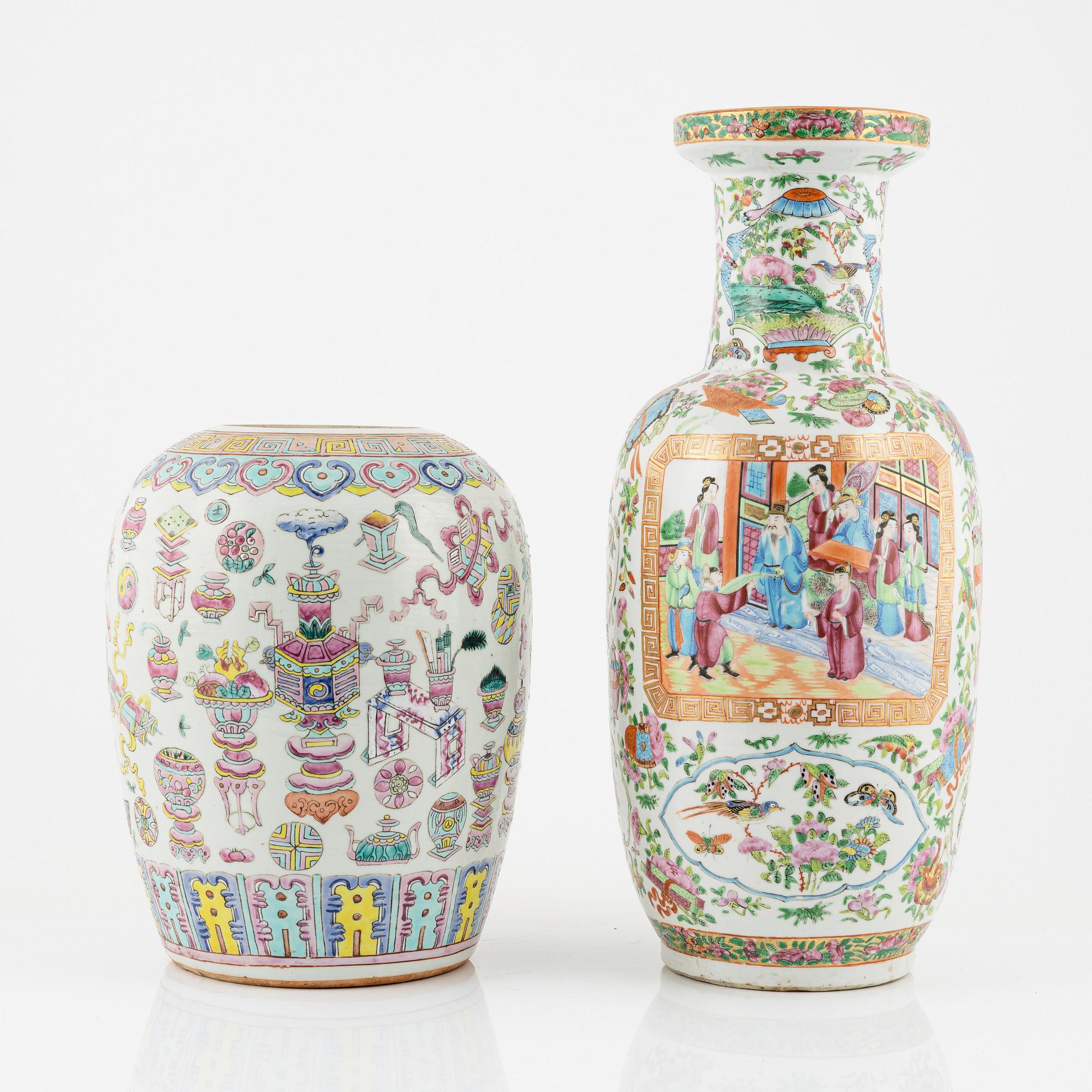 A famille rose porcelain vase, Kanton, and a porcelain urn, China, end of the 19th century.