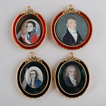 MINIATYRER, 4 st, gouacher på ben, 1800-/1900-tal.
