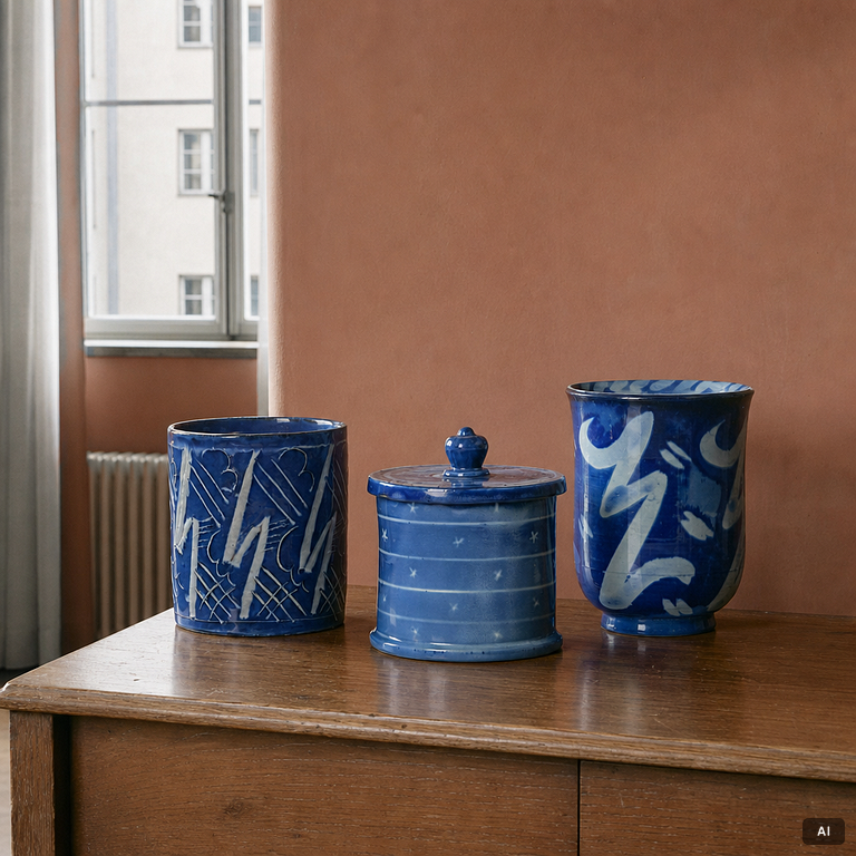Wilhelm Kåge, two porcelain vases and an earthenware jar with cover, Gustavsberg, Sweden, 1924 and presumably 1930.