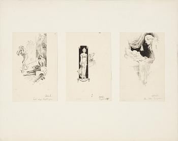 Carl Larsson, three drawings, signed C.L, Indian ink and hightening white mounted on cardboard.