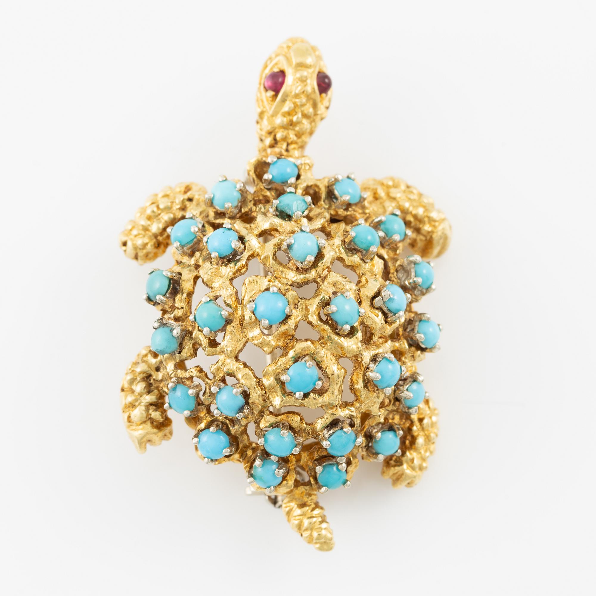 Brooch in the form of a tortoise, 18K gold with turquoises and rubies, Italy.