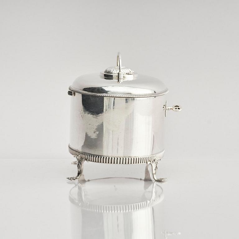 A Swedish 19th century silver sugar-casket and tong, marks of Adolf Zethelius, Stockholm 1819.