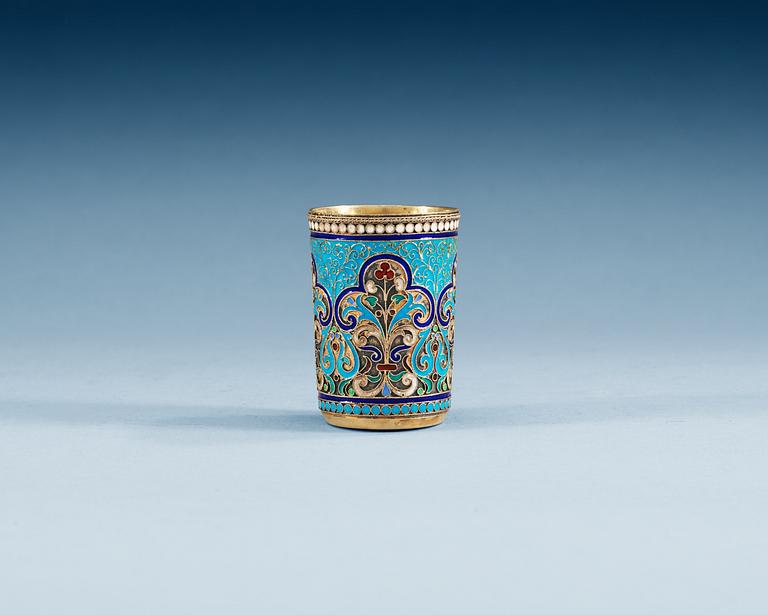 A RUSSIAN SILVER-GILT AND ENAMEL TSCHARKA, Makers mark of Vasilji Aga Forou, Moscow 1894.