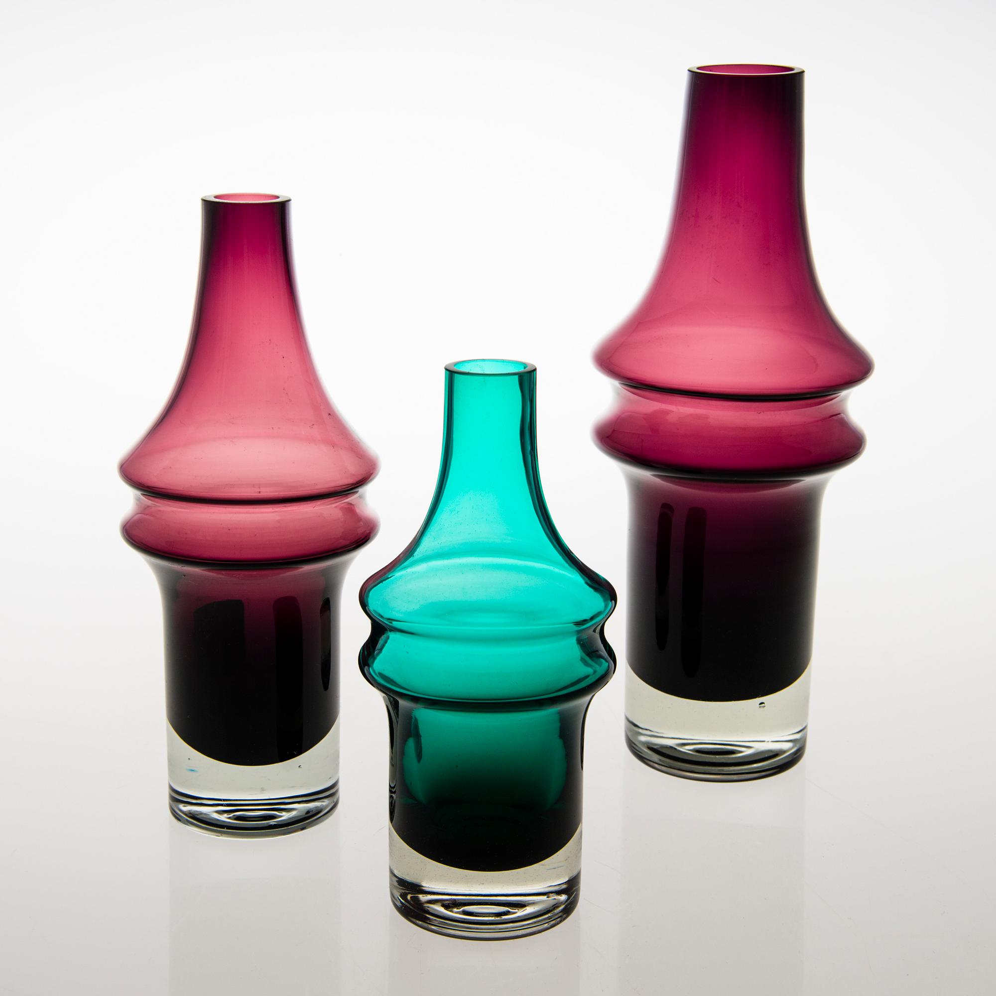 TAMARA ALADDIN, Three glass vases, model 1464, Riihimäen Lasi 1967. Design year 1965.