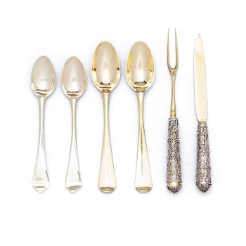 242. A possibly German 17/18th century parcel-gilt silver and filigree six-piece travel cutlery, unmarked, and leather case.