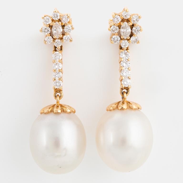 Cultured South sea pearl and brilliant-cut diamond earrings.