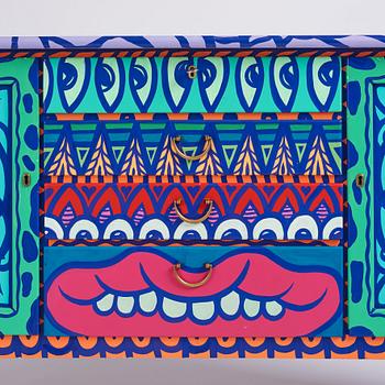Amara Por Dios, a unique painted sideboard/object, executed in her own studio, 2018.