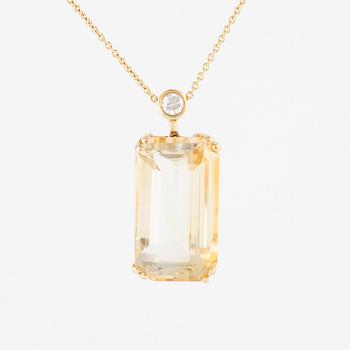 Collier, guld, smaragdslipad citrin med briljantslipad diamant.