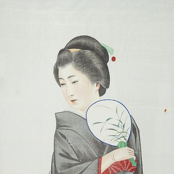 A Japanese folding screed, paint on silk, around 1900.