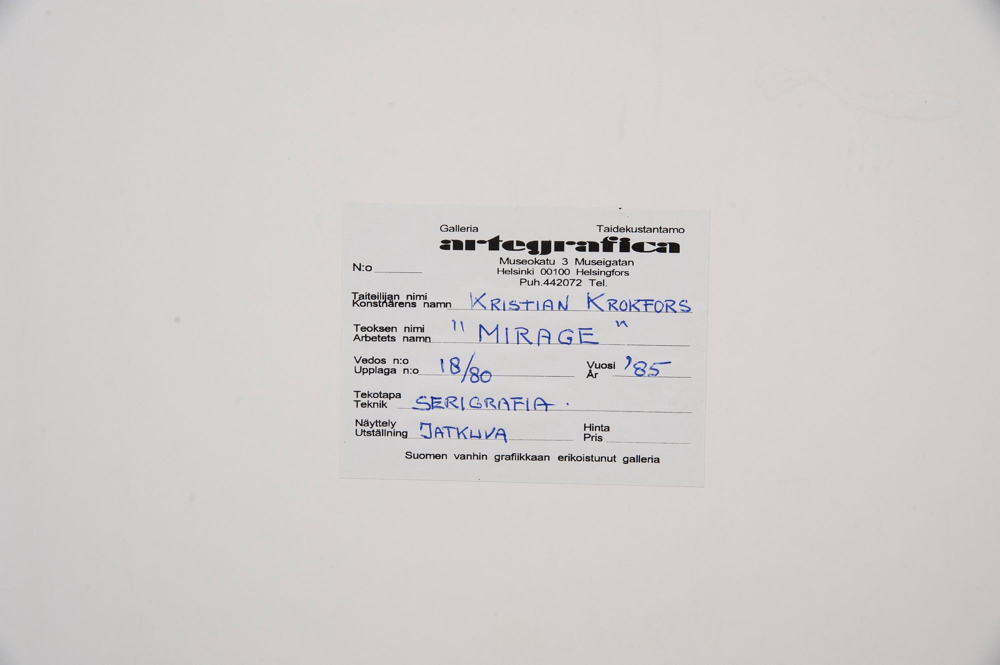 KRISTIAN KROKFORS, serigrafi, signerad, daterad 85 och numrerad 18/80.