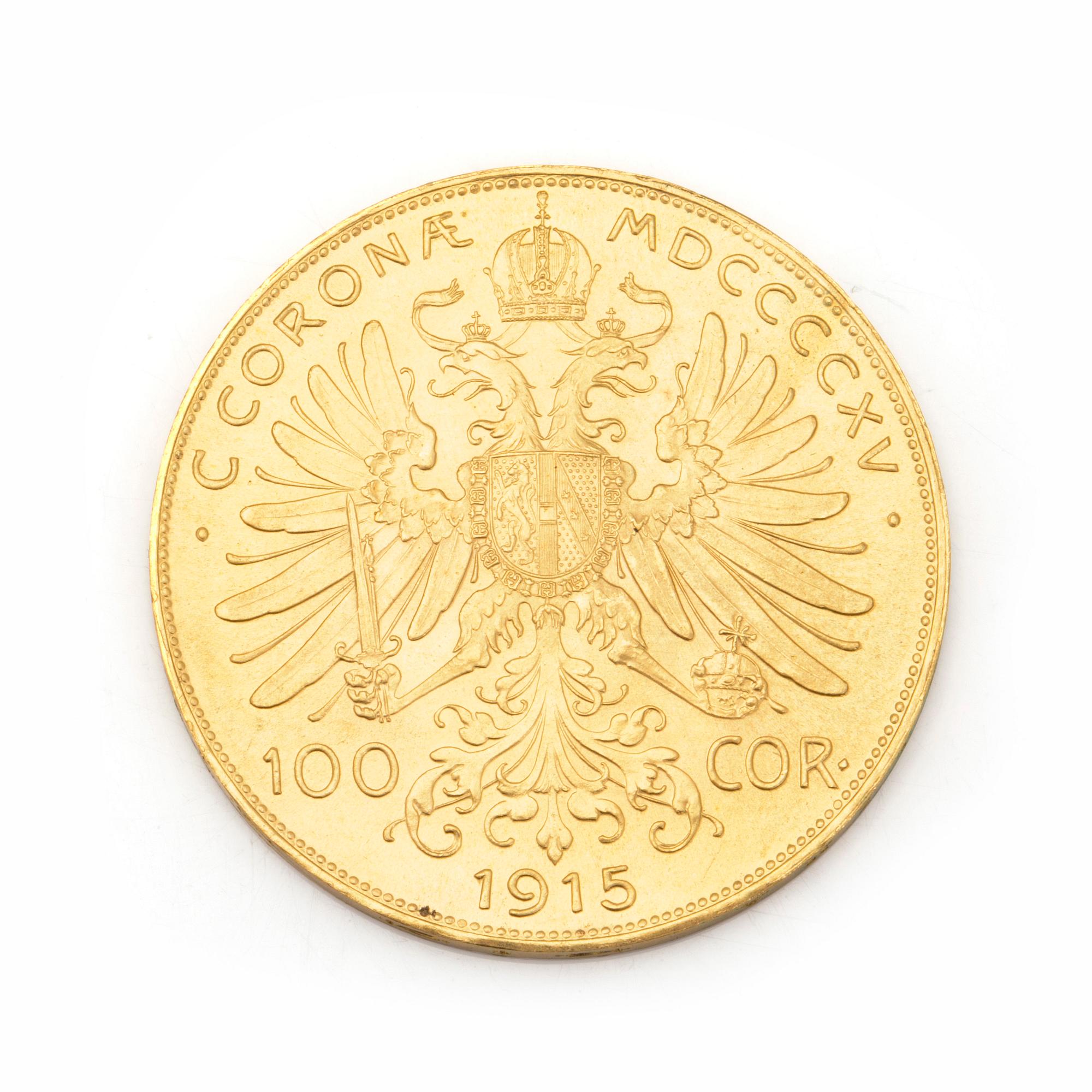 AUSTRIAN 100 CORONA GOLD COIN, 21,6 ct, 1915. Ca 34 grams.