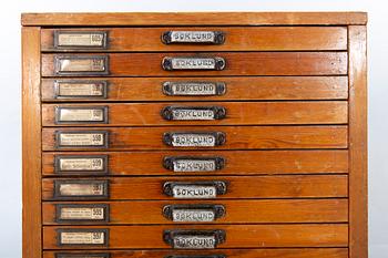 Arkivskåp för typsnitt, "Boklund" omkring 1900.