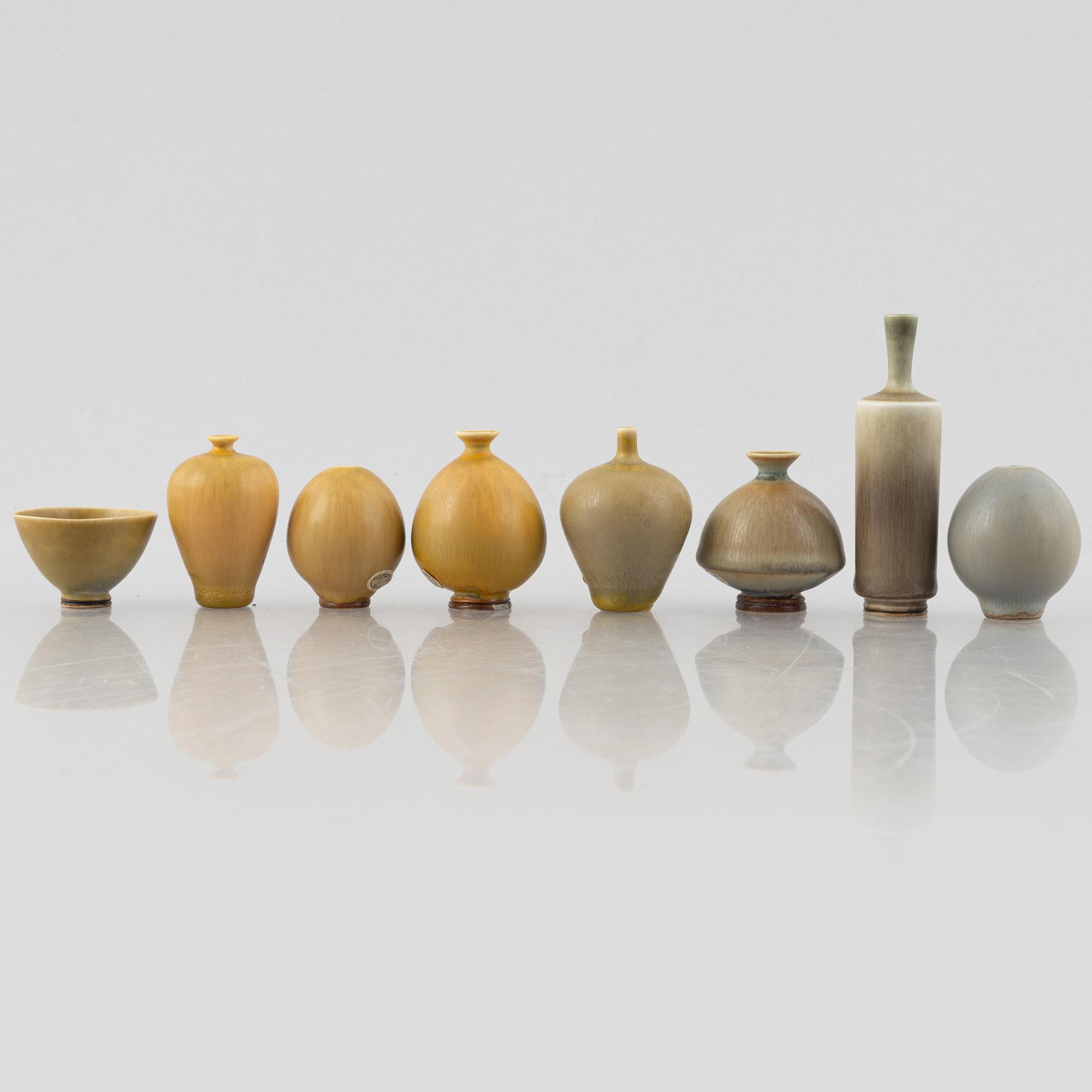 Berndt Friberg, a group of seven miniature stoneware vases and a bowl, Gustavsbergs Studio, 1957-70.