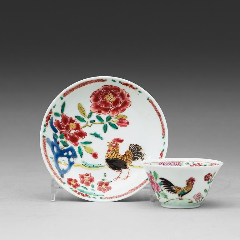 A set of seven odd famille rose cups with saucers, Qing dynasty, Yongzheng (1723-35).