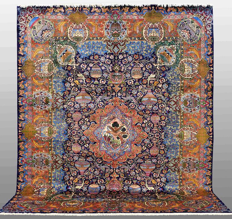 A CARPET, Figural Kashmar, ca 396 x 304 cm.