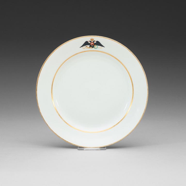 A set of four Russian dinner plates, Imperial porcelain manufactory, St Petersburg, period of Tsar Nicholas II.