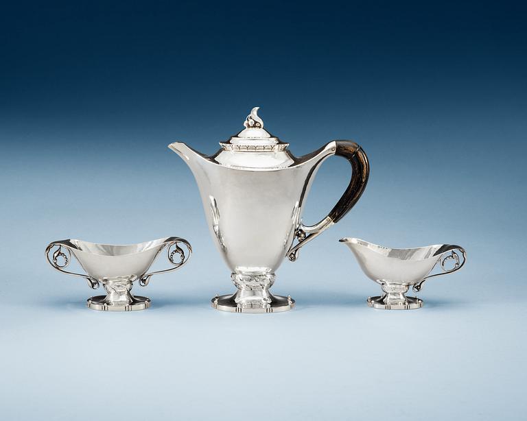 A Georg Jensen three pieces of 830/1000 silver coffee service, Copenhagen 1919-20.