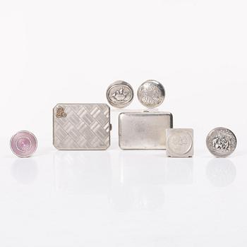 Seven silver boxes and cigarette cases, including with mark of Carl Fredrik Hultbom, Stockholm 1841.