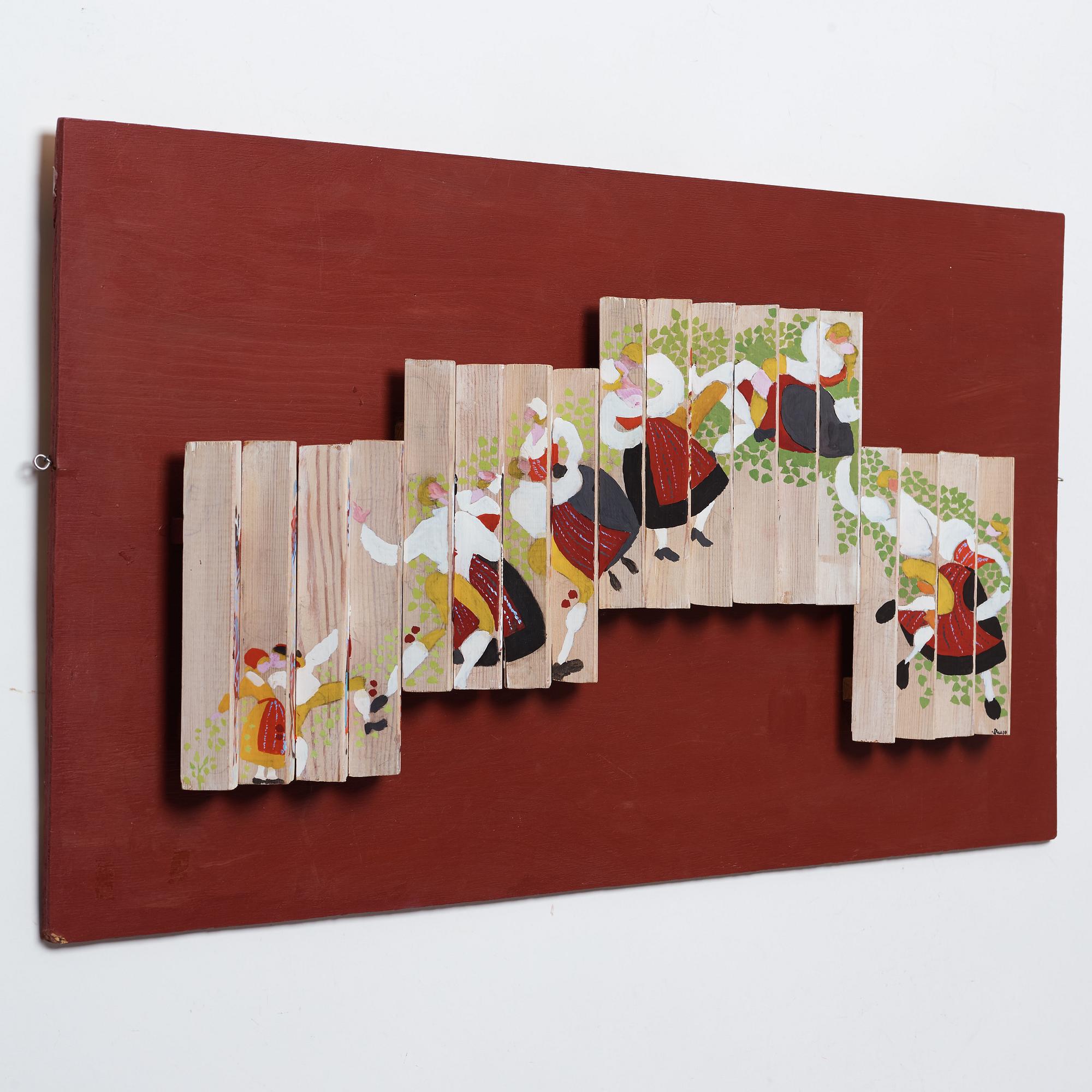 LASSE LINDQVIST,  relief, painted wood, signed Lasse Lindqvist and dated -82. "Dancing in the green".