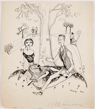 MAX GOLDSTEIN (MAGO), ca 35 st, dräktskisser, teckningar, blyertsskisser, vissa daterade o signerade, Mago 1953.