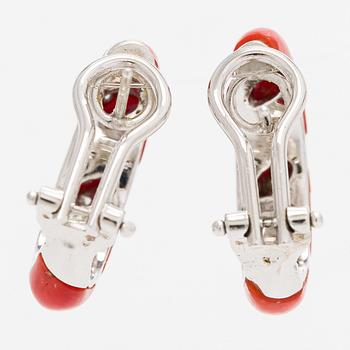 Earrings, coral, 18K white gold, brilliant-cut diamonds, Italy.