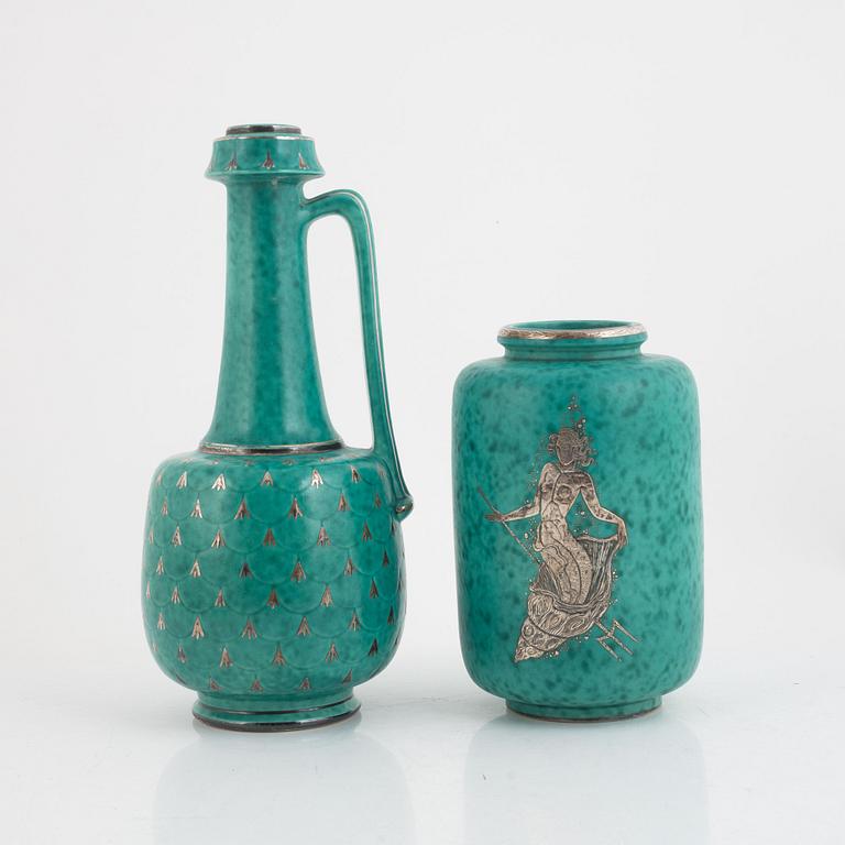 Wilhelm Kåge, two "Argenta" vases and an small dish, Gustavsberg, Sweden.