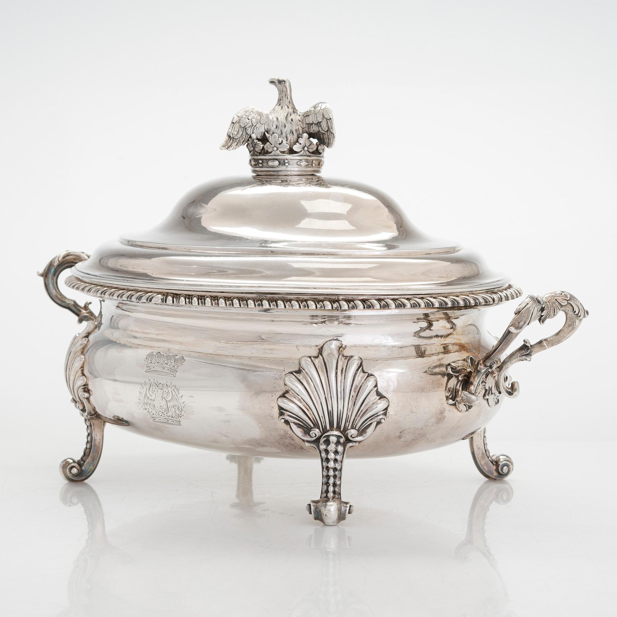A mid-18th-century sterling silver tureen, mark of Peter Archambo II and Peter Meure, London 1753.
