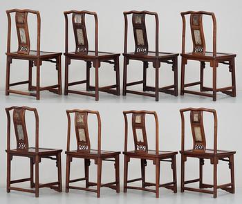A set of eight hardwood and stone inlayed chairs, late Qing dynasty (1644-1912).