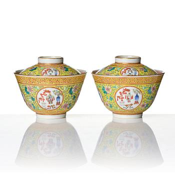A pair of yellow ground 'medallion' bowls with covers, Qing dynasty with Daoguang mark.